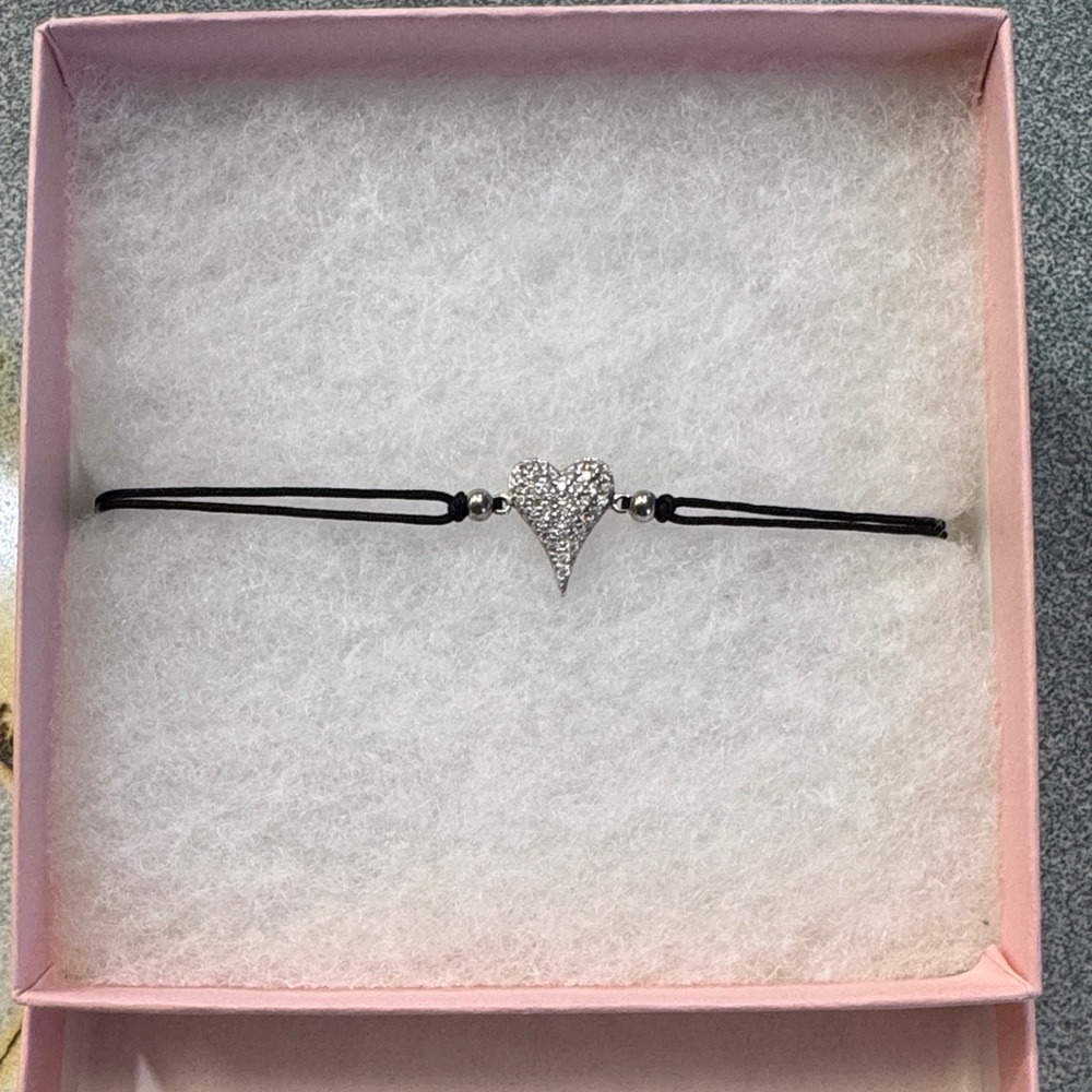 Silver Heart Bracelet with Black Cord (new in box)